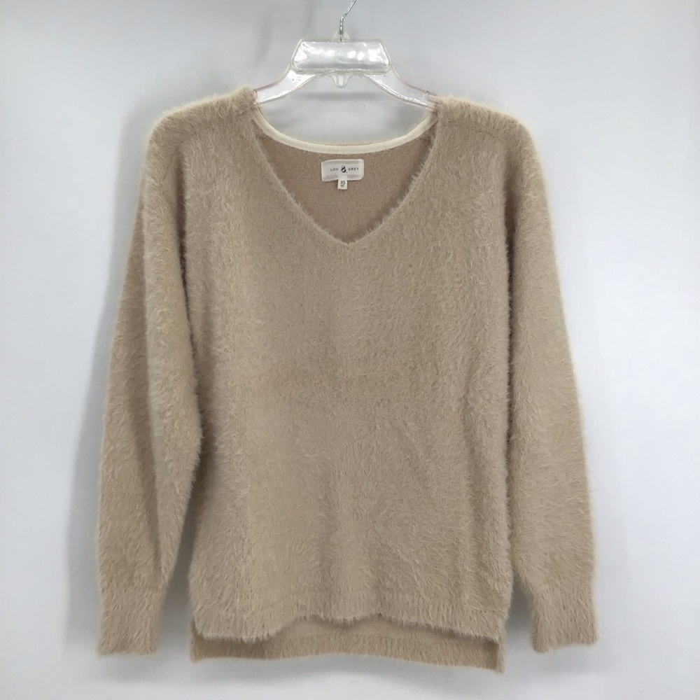 Lou & Grey V-Neck Soft Fuzzy Pull-Over Sweater Casual Career Beige Size XS